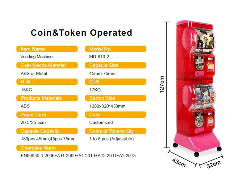 Toy Vending Machine Coin Accepted Transparent Colour Toy Distributor with Led Light