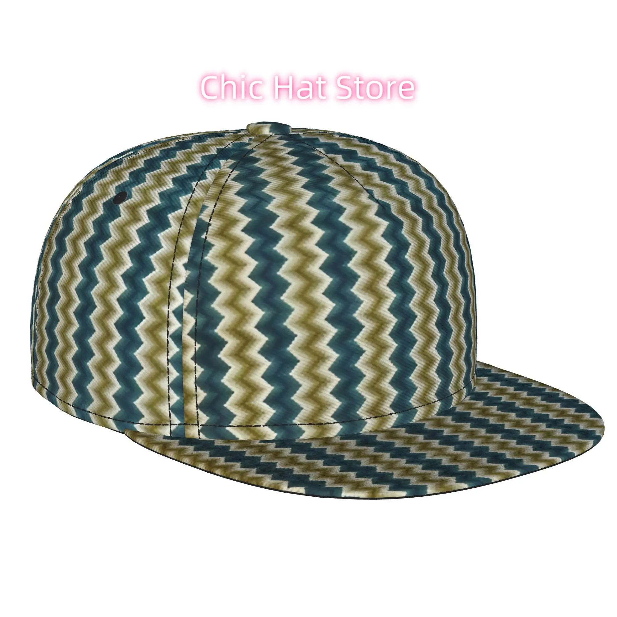 1pc Teal And Beige Chevron Pattern Fully Printed Hip-Hop Cap, Stylish Flat-Brimmed Baseball Cap, Trucker Caps Baseball Caps Golf