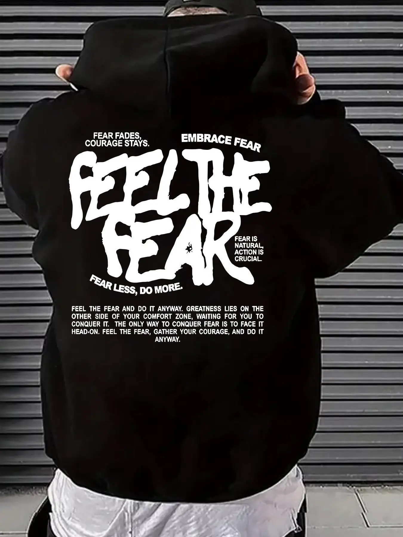 

Men Oversized Fearless Hoodie Motivational Sweatshirt Embrace Fear Graphic Inspiring Quote Streetwear Loose Casual Top