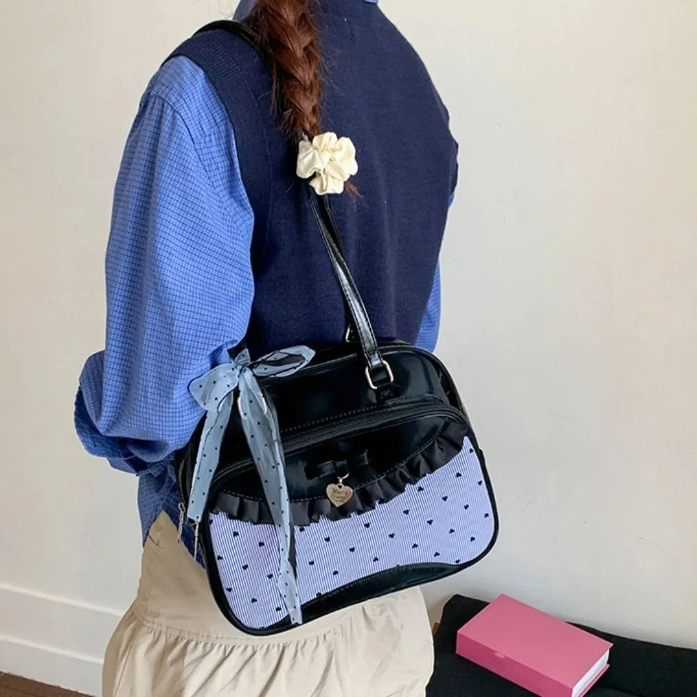 

Vintage Korean Style Bow Ribbon Bowling Bag Elegant Large Capacity Boston Shoulder Bag PU Leather Casual Women Handbags Women