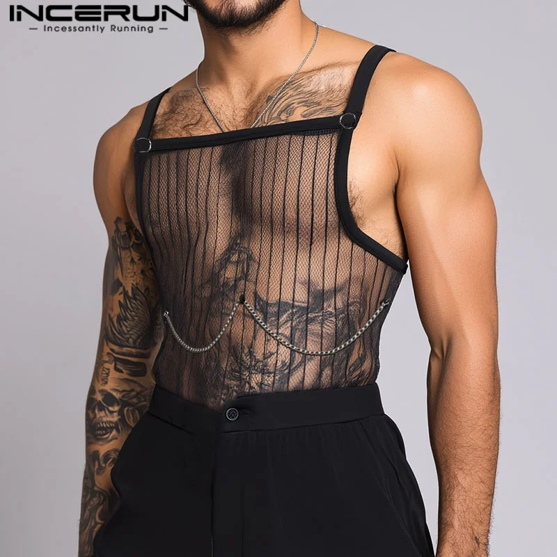 

INCERUN Men Tank Tops Striped Mesh See Through Sleeveless Male Vests Summer Sexy Chain Decoration Streetwear Men Clothing S-5XL