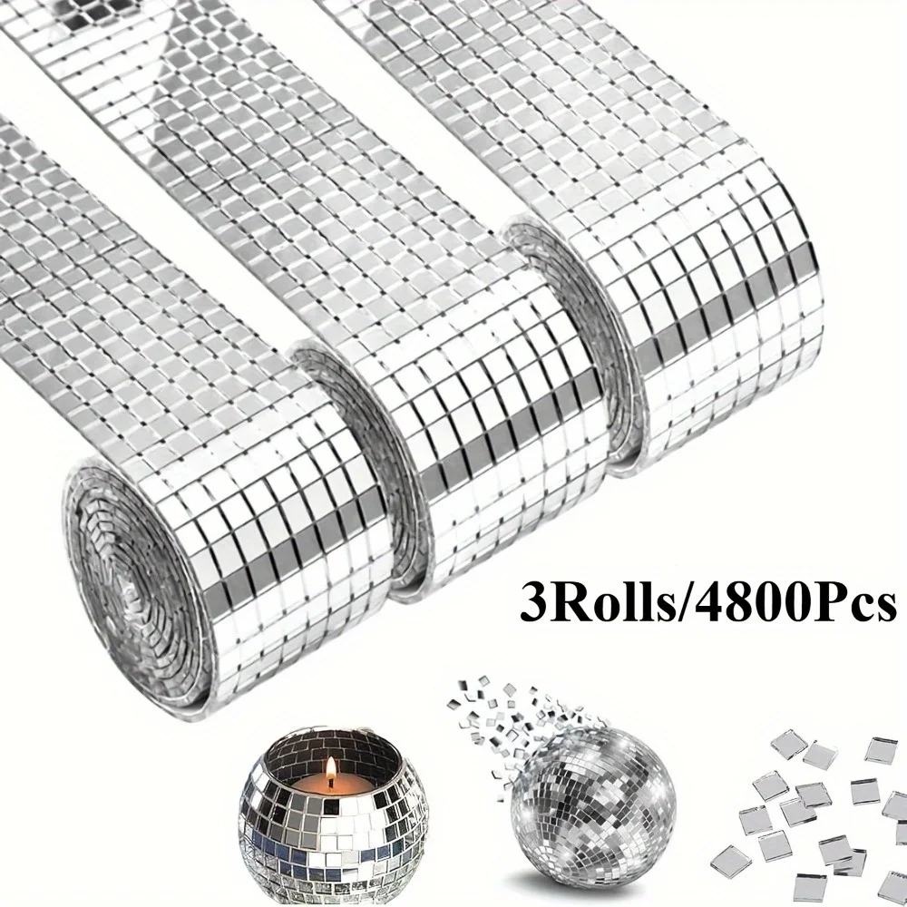 [Disco Ball Mirror Stickers] 4800pcs (3 Rolls) Self-Adhesive Disco Ball Mirror Stickers - Shiny Mosaic Tiles, Self-Lit-Like Effe