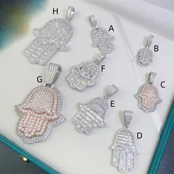 Hip Hop Baguetee Moissanite Hamsa Hand Pendant 925 Sterling Silver Iced Bling Lab Mosan Diamond Fatima Necklace Punk Pass Tester