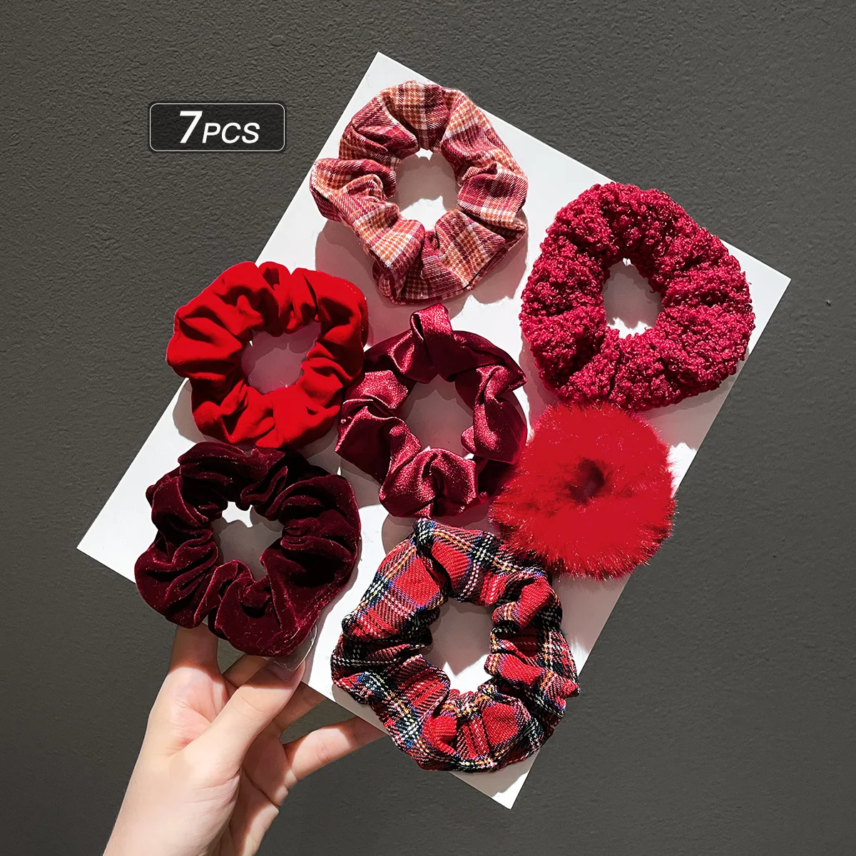 7Pcs Women\'s Autumn and Winter Burgundy Stuffed Large Intestine Hair Tie Festive and Fashionable Ponytail Headband Hair Accessor