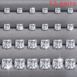 Doce pares de exquisitos pendientes de aleación de zinc, incrustados con Zirconia cúbica cuadrada blanca, adecuados para el uso diario de joyas para hombres y mujeres