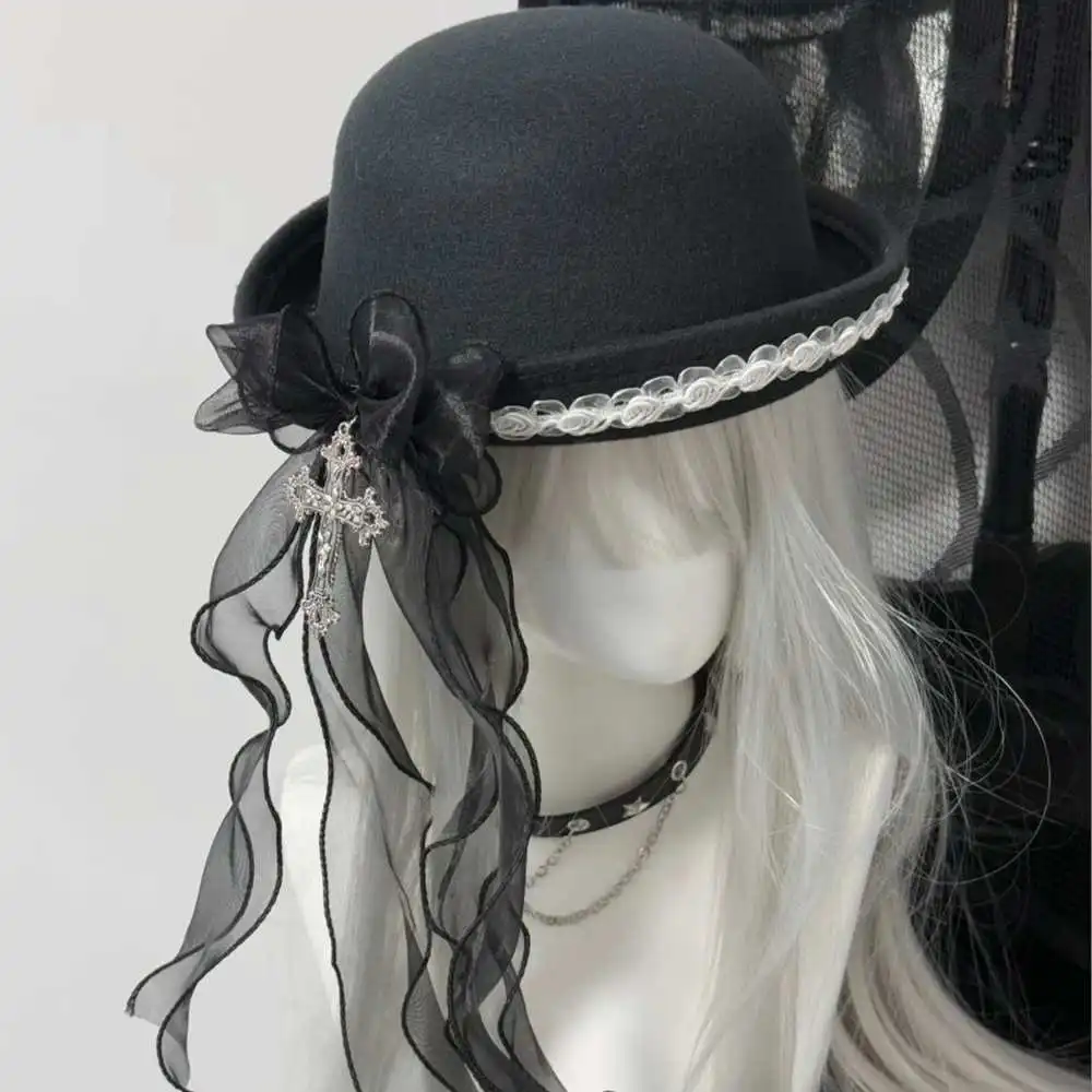 

Black Round Top Bow Hat Lolita Vintage-style Hat With Lace Dark Gothic Punk Retro Japanese-style Lolita Headwear Accessories