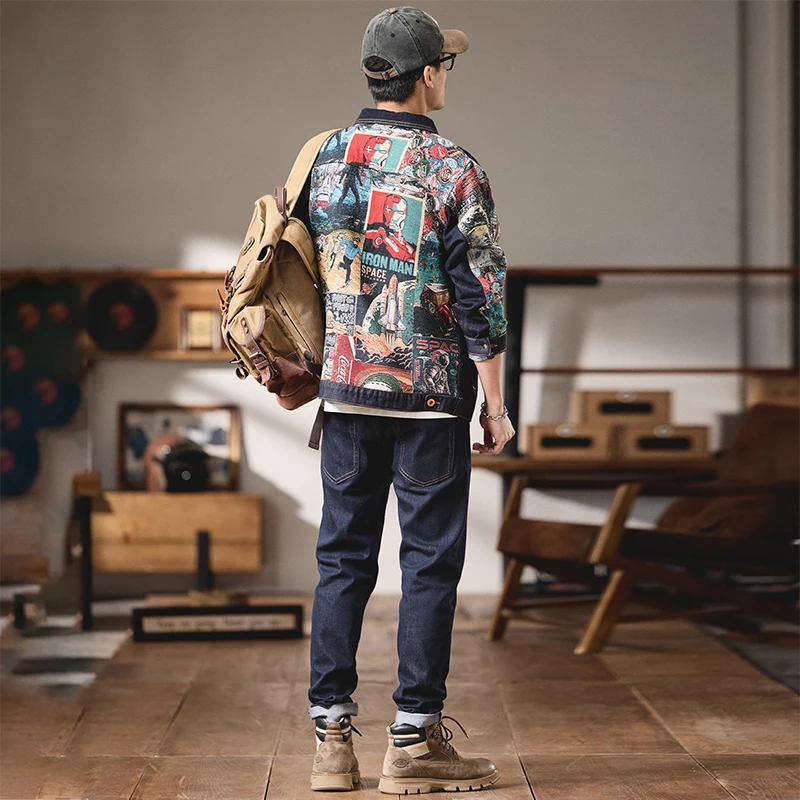 High quality Japanese casual ethnic style denim jacket men's retro loose jacket workwear set clothes suits for men