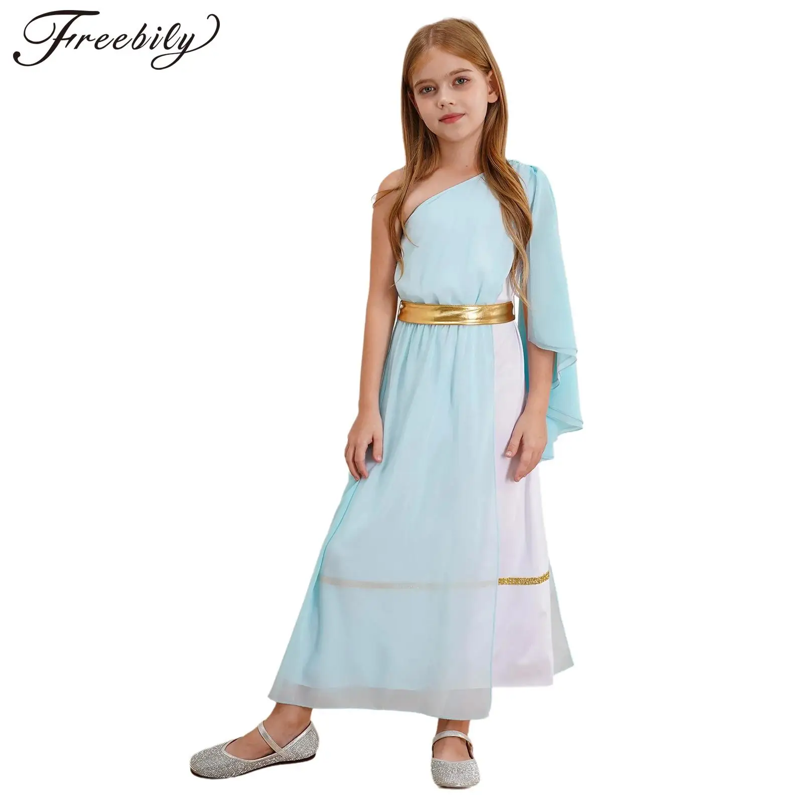 Girls Ancient Greek Egypt Mythos Toga Costume Single Shoulder Tulle Shawl Princess Dress Cosplay Choir Chorus Performance Dress