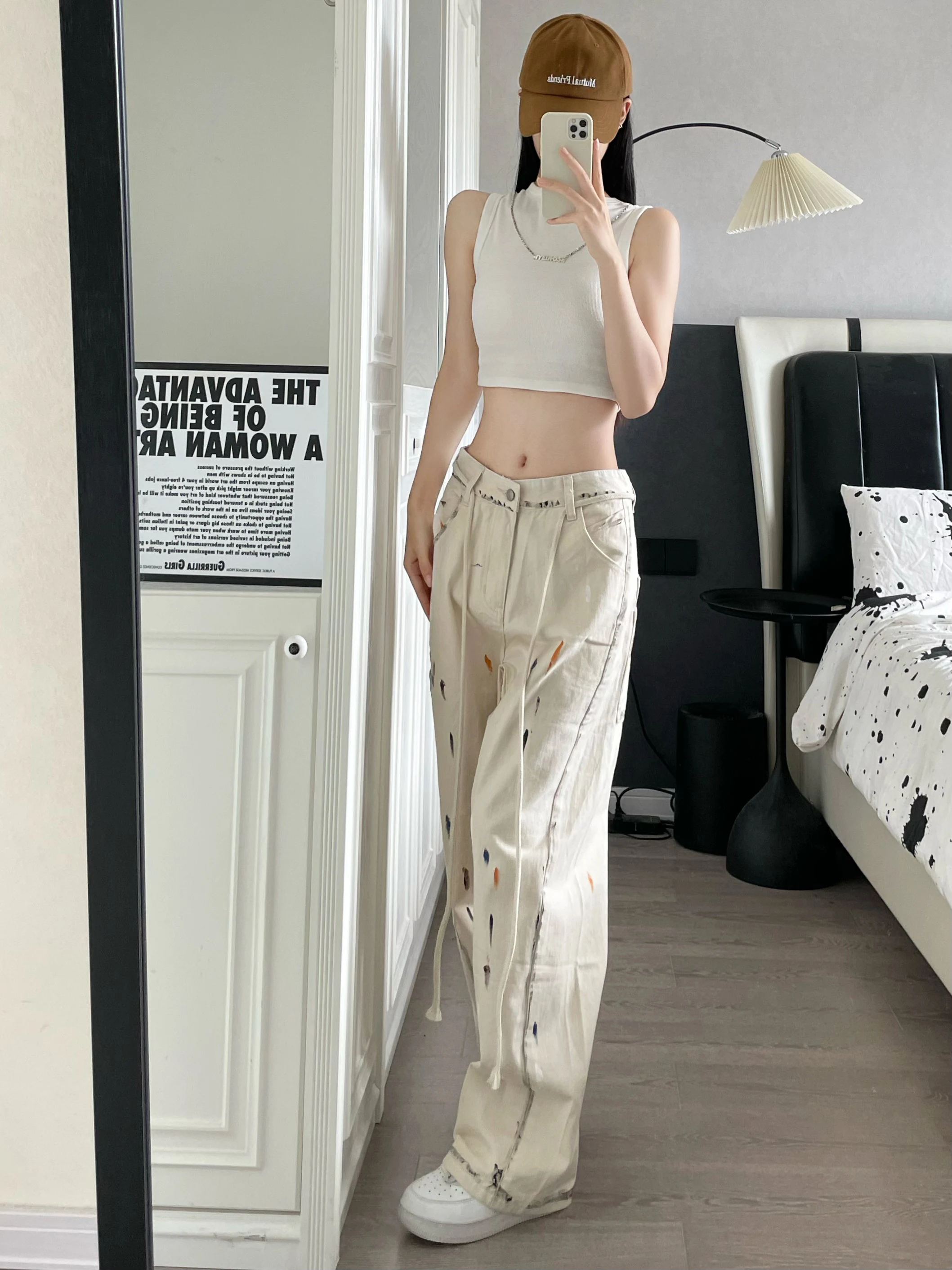 جينز رجالي من American High Street Splaed Ink Apricot بنطال جينز عصري فضفاض مستقيم شبابي غير رسمي من القطن