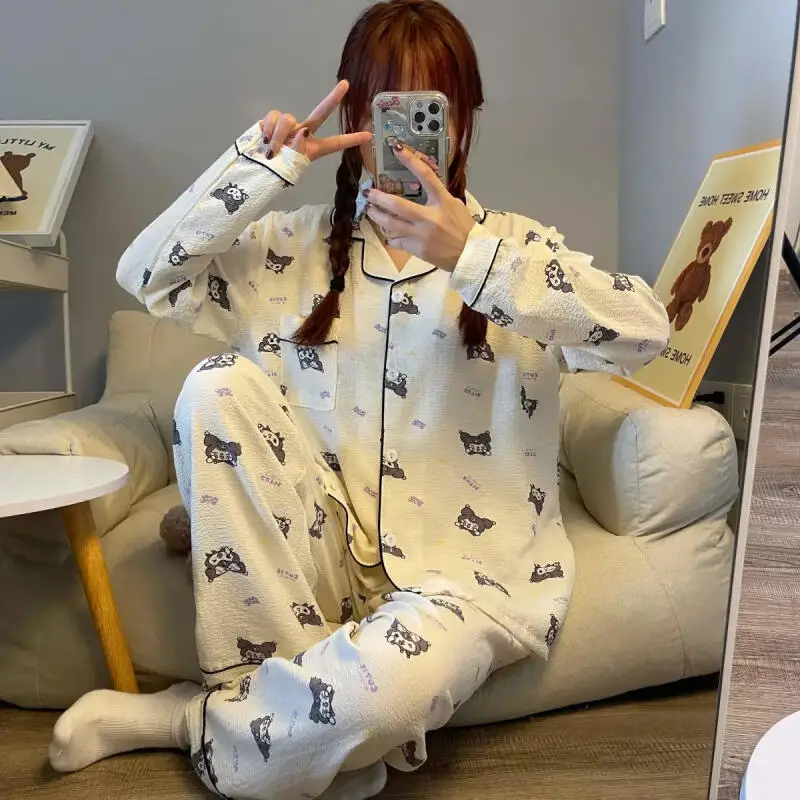 

Sanrio Kuromi Women's Sleeping Pajamas Sets Kawaii Cartoon Spring and Autumn Long Sleeve Pant Leisure Sleepwear Home Clothes New