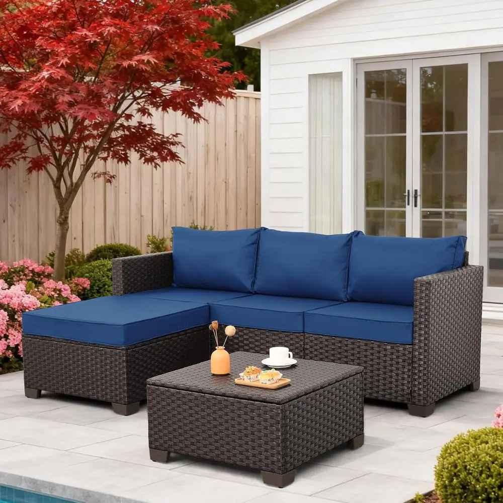 3-Piece Outdoor Sectional Sofa Set with Wicker, Ottoman, and Storage Coffee Table, All-Weather Cushions, Navy Blue