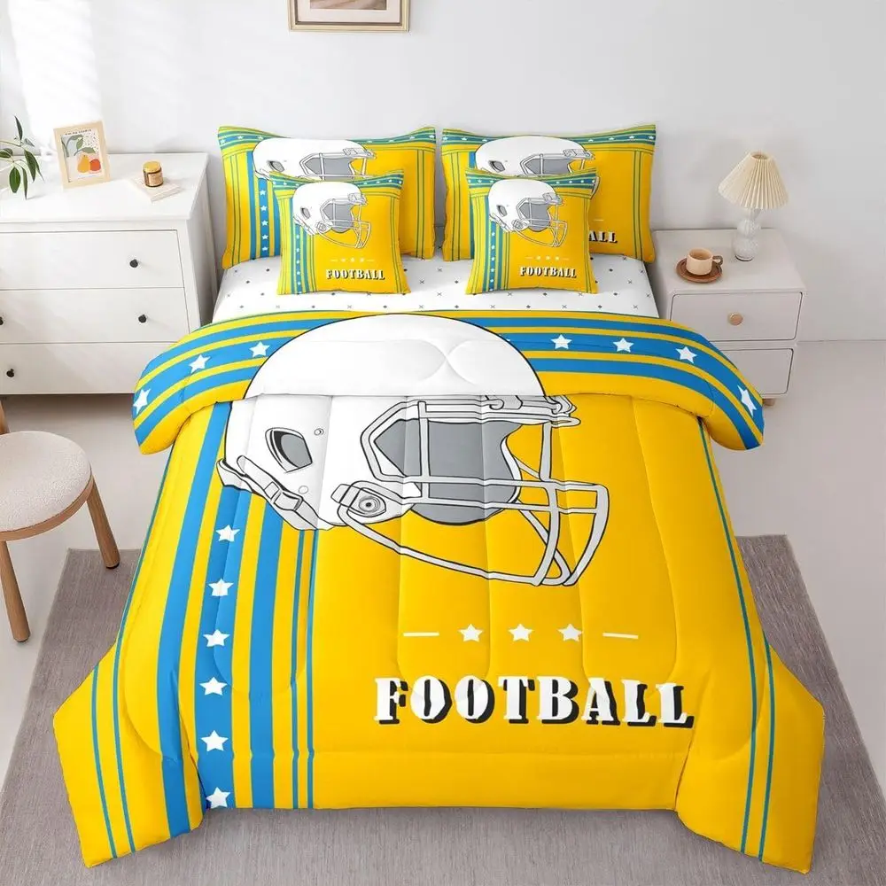 

7-Piece King Size Football Theme Comforter Set with Yellow Blue Stars and Stripes