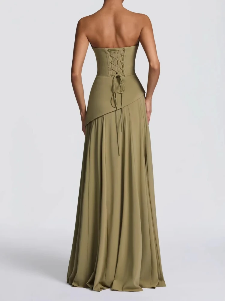 Elegant Chiffon Simple Evening Gown Strapless Cowl Neck Draped Detail Lace-up Back Convertible Scarf Maxi Dress Prom Wedding view 6