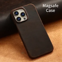 for Magsafe Case for iPhone 17 15 16 Pro Max Air Retro Luxury Full Grain Cowhide Genuine Oiled PULL-UP Leather Magnetic Cover