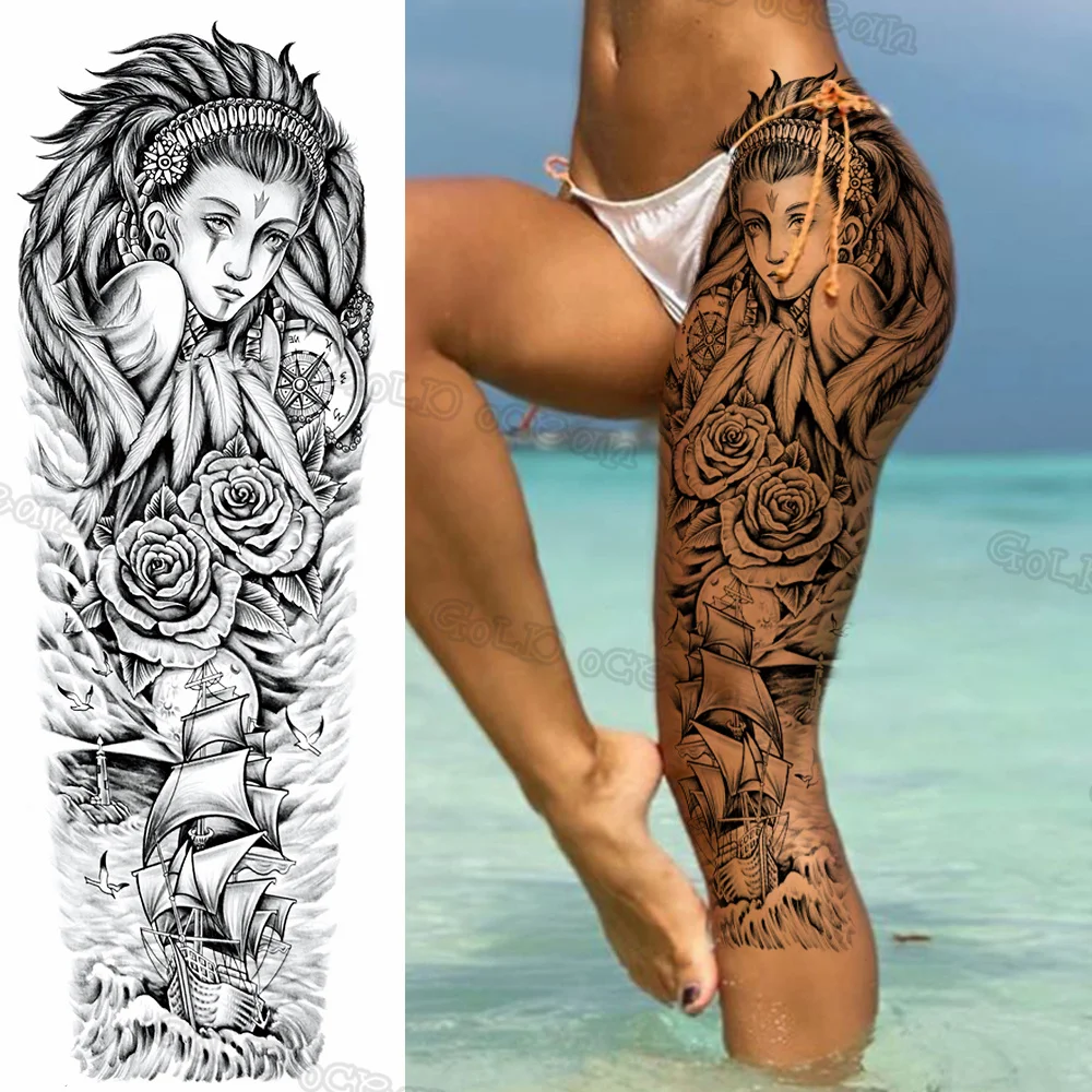 3D Realistic Angel Compass Temporary Sleeve Tattoos For Men Women Adult Rose Flower Tribe False Tattoo Long Size Body Art Tatoos