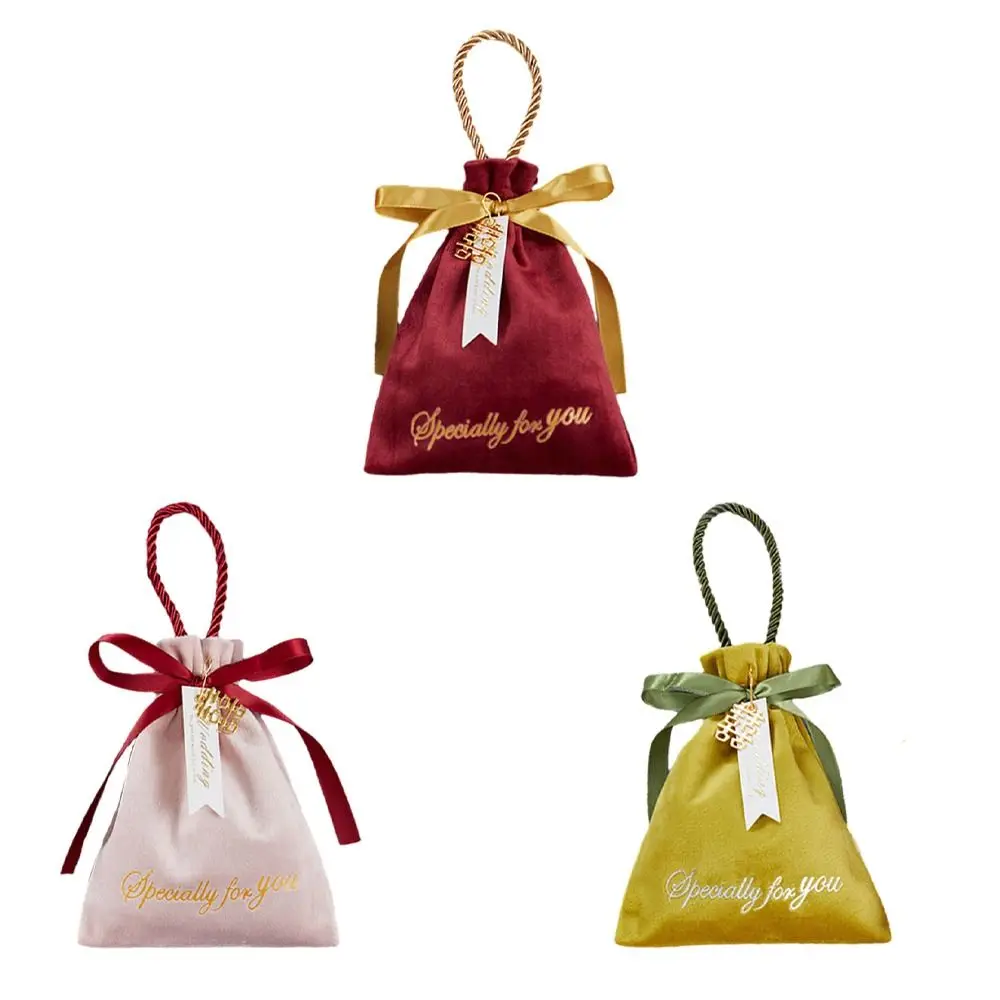 Velvet Ribbon Bow Drawstring Bag Satin Bow Festive Sugar Bag Ribbon Bowknot Handbag Letter Large Capacity Wedding DIY Candy Bag