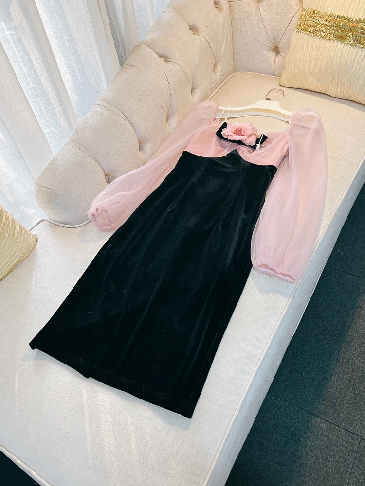 Ele กํามะหยี่ชุดราตรี Dr สี Blo Design และพิมพ์ลายดอกไม้เอวสูงยาว Sve ความยาวกลาง A-Line ชุดสําหรับสตรี