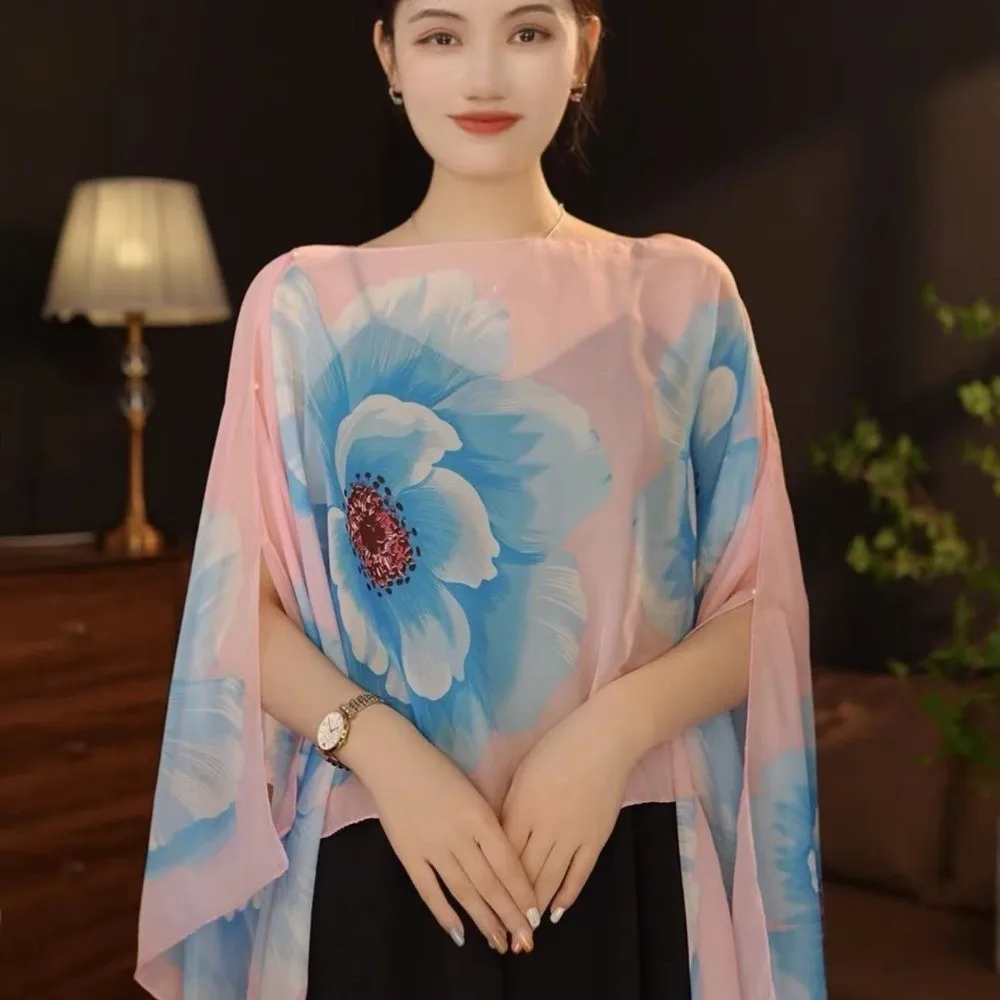 

Multifuctional Breathable Shawl Long Length Breathable Fabric Sun Protection Shawl Flower Pattern Lightweight Chiffon Scarf