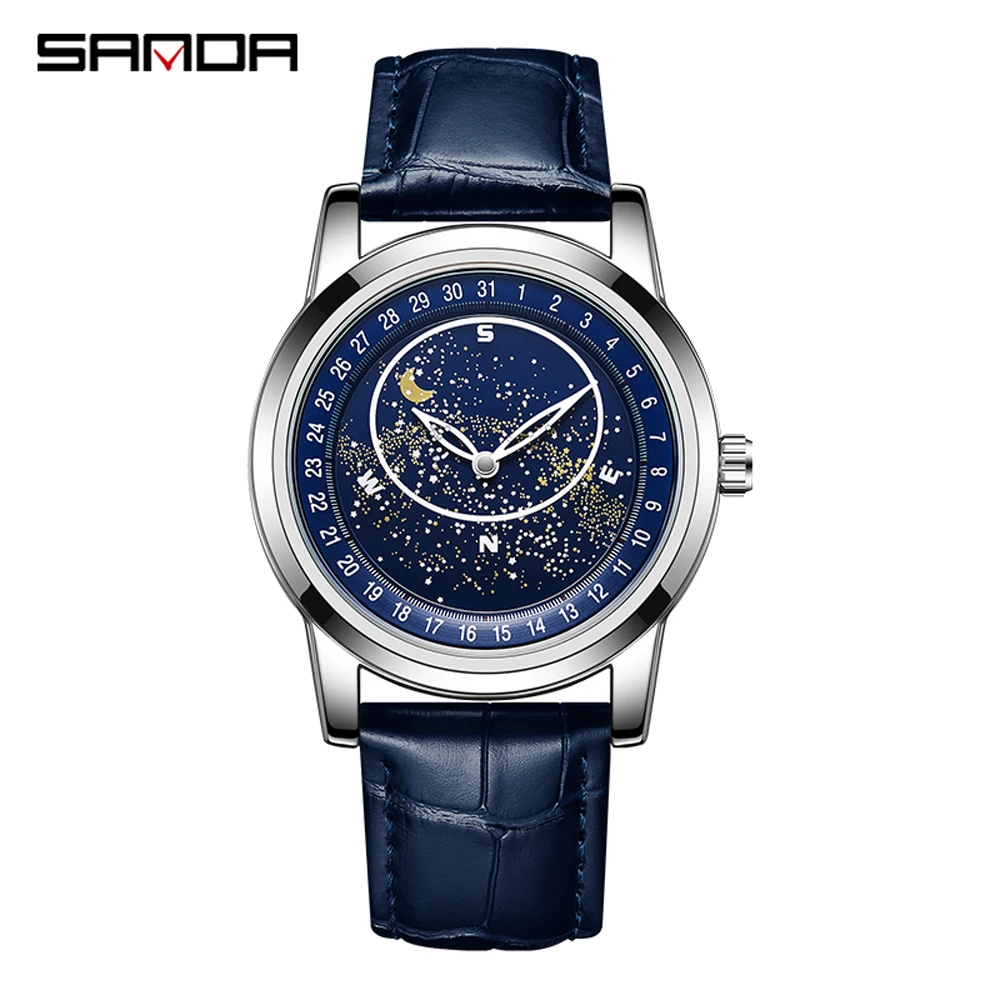 

Fashion Sanda Top Brand Quartz Luxury Starry Sky Dial 2023 New Luminous Waterproof Genuine Leather Strap For Men Watches