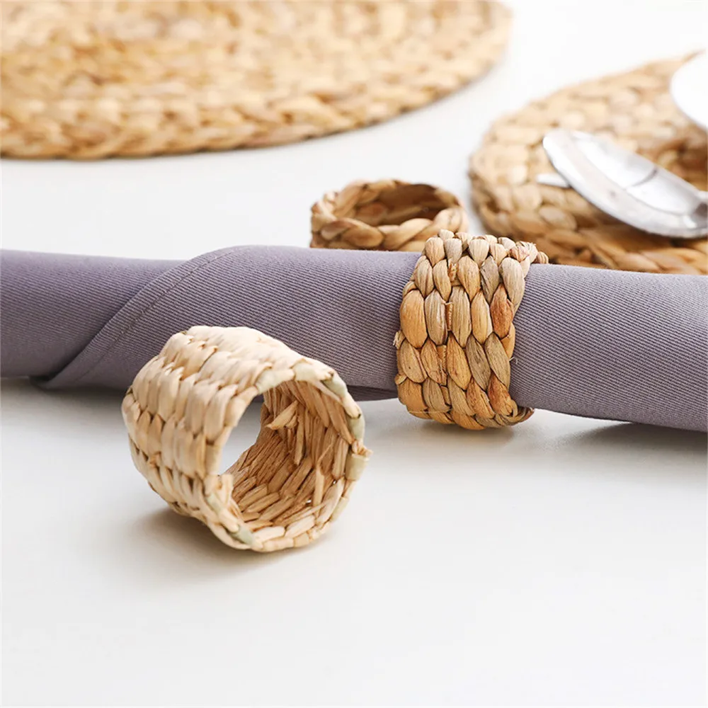 Straw Woven Arts Napkin Rings Boho Handmade Napkin Holder Rings For Home Christmas Table Decoration Tableware Holder Buckle