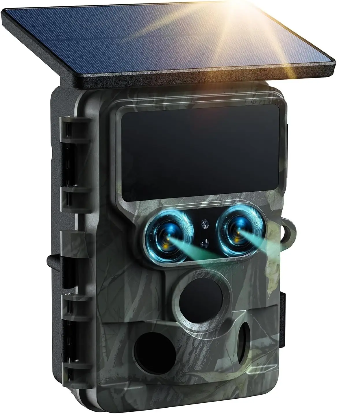 

Trail Camera Solar Powered, Dual Lens 60MP 4K 30FPS Bluetooth Game Camera with Starlight Night Vision, IMX458 Sensors Tr