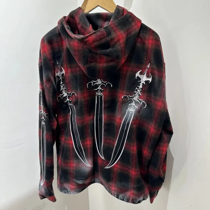 Black and Red Plaid Zipper Cardigan Thug Club Jacket Cotton Casual Hooded Long Sleeved Coat for Men and Women