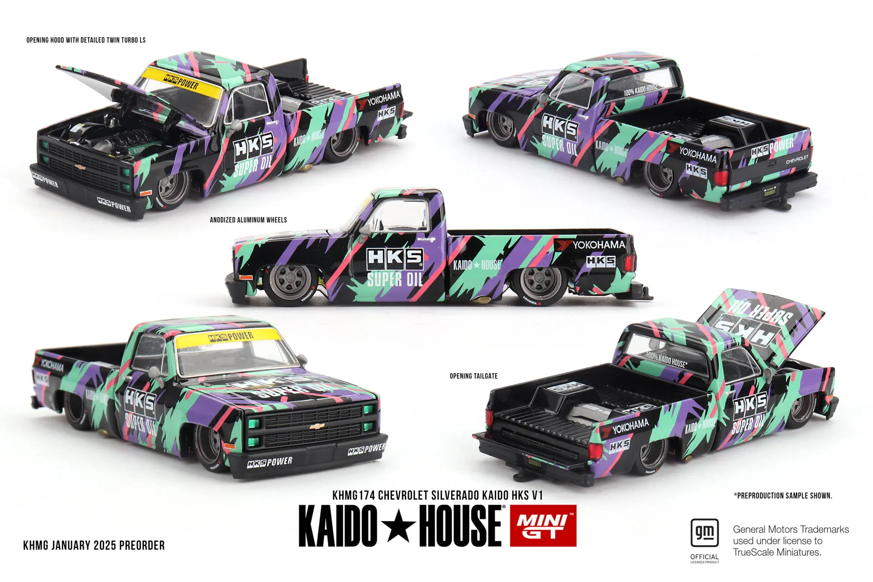 

Kaido House + MINIGT Chevrolet Silverado KAIDO HKS V1 KHMG174-CH Car Alloy Vehicle Diecast Metal Model Kids Gift Toys for Boys