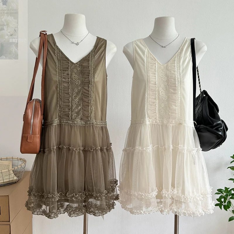 

Mesh Straight Dress Luxury Ruffles Hem Women Mini Dress Sleeveless Sundress V-neck Embroidered Flower Sweet Girls Short Dress