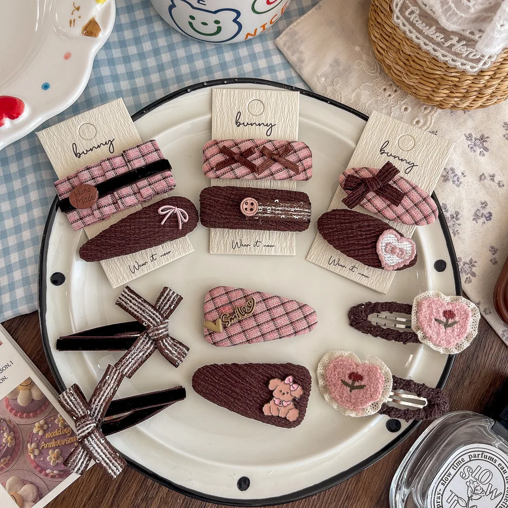 2 pçs novo rosa café xadrez tecido hairpin crianças doce hairpin franja headwear meninas crianças acessórios para o cabelo