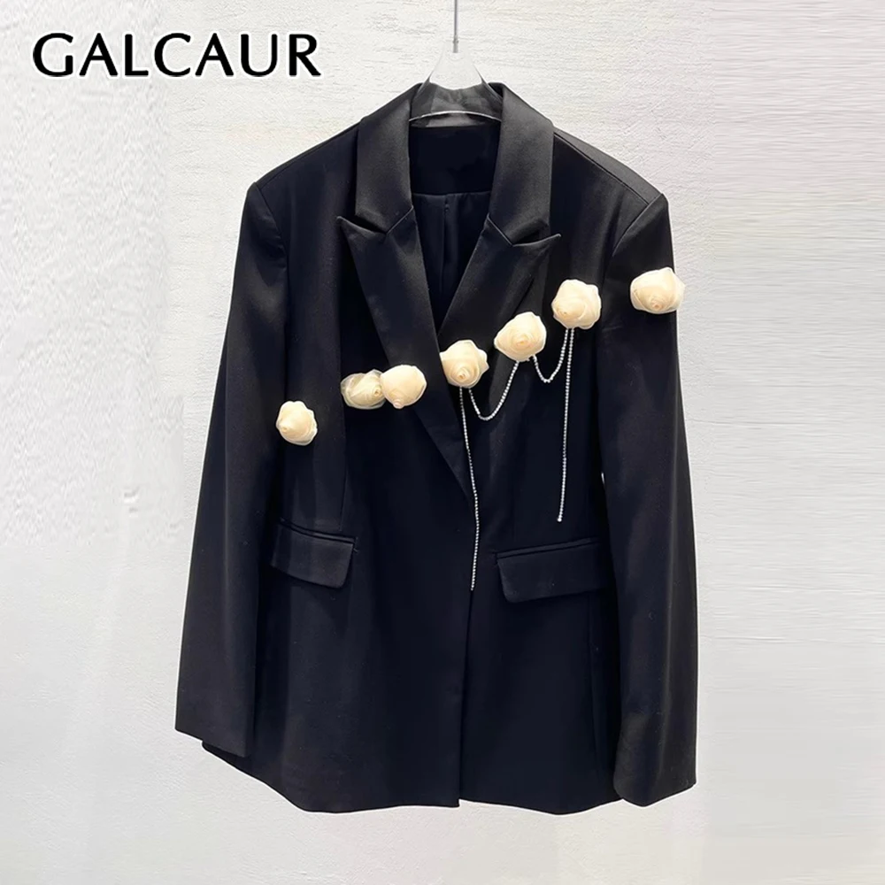 

GALCAUR однотонная базовая куртка с цветочным принтом, женская свободная офисная женская куртка с лацканами и длинными рукавами, модная летняя стильная новинка