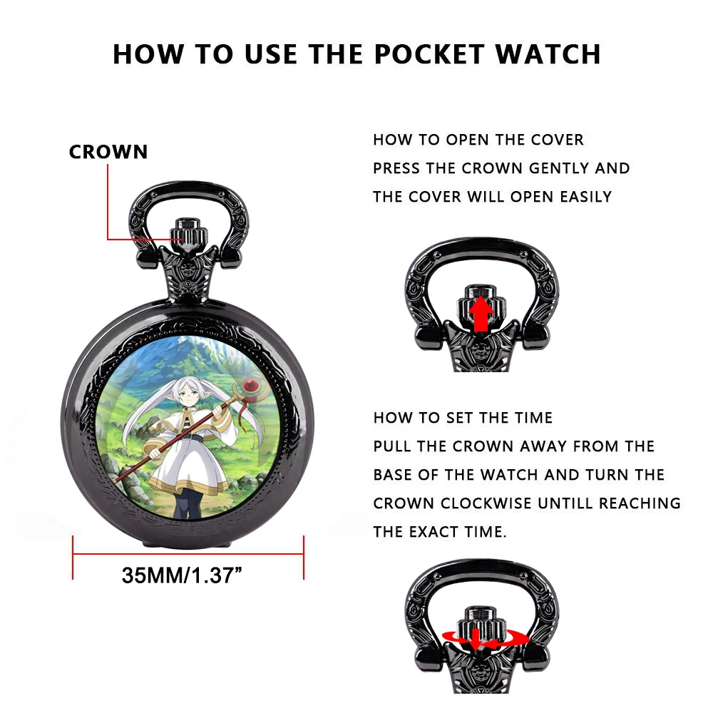 Frieren: Beyond Journey's End Glass Dome Pocket Watch with Chain Necklace Vintage Quartz Pendant Watches Mens Women Gifts