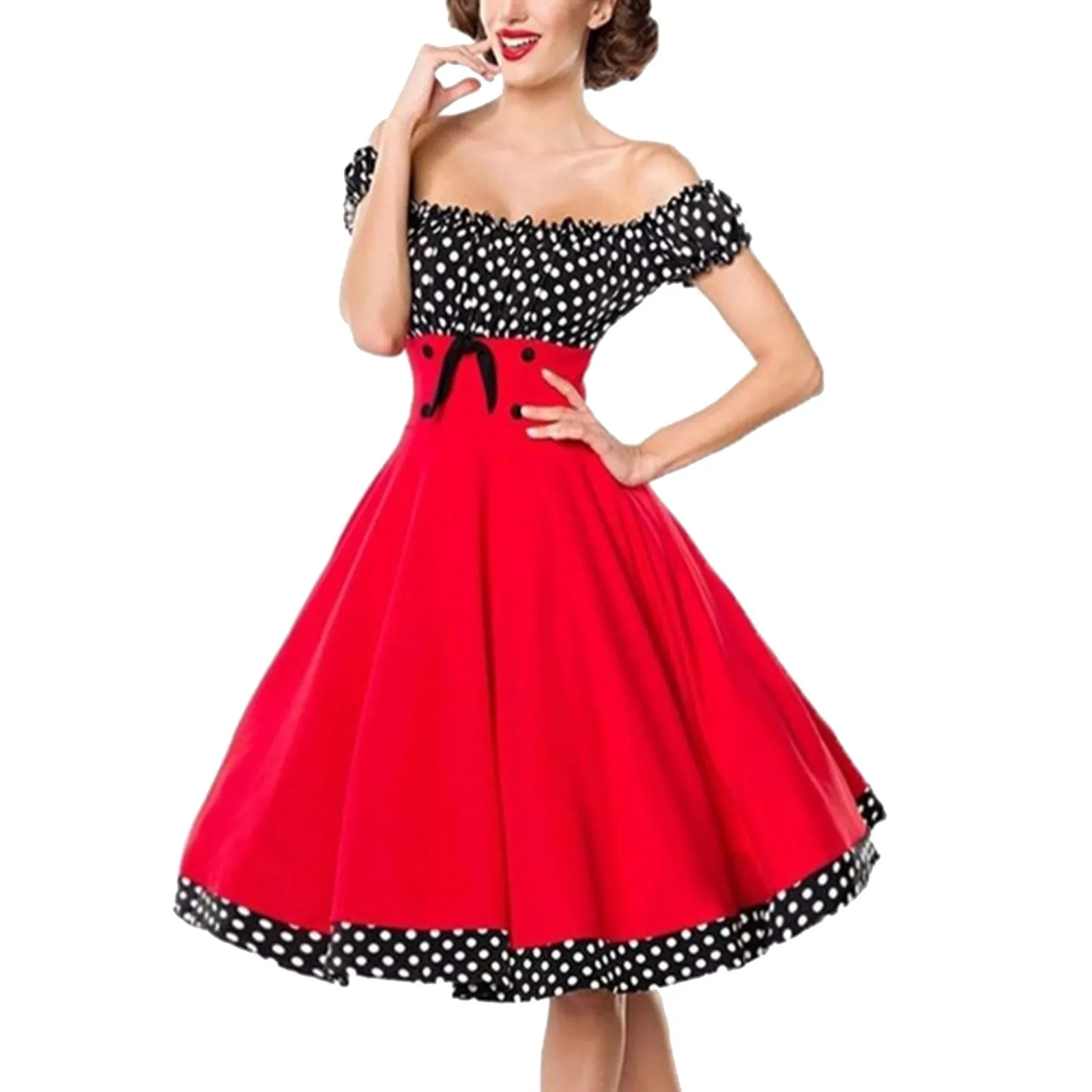 Polka Dot Swing Frauen Sommerkleider neue Hepburn Stil V-Ausschnitt Kurzarm Robe Pinup Vintage Rockabilly Party Büro kleid