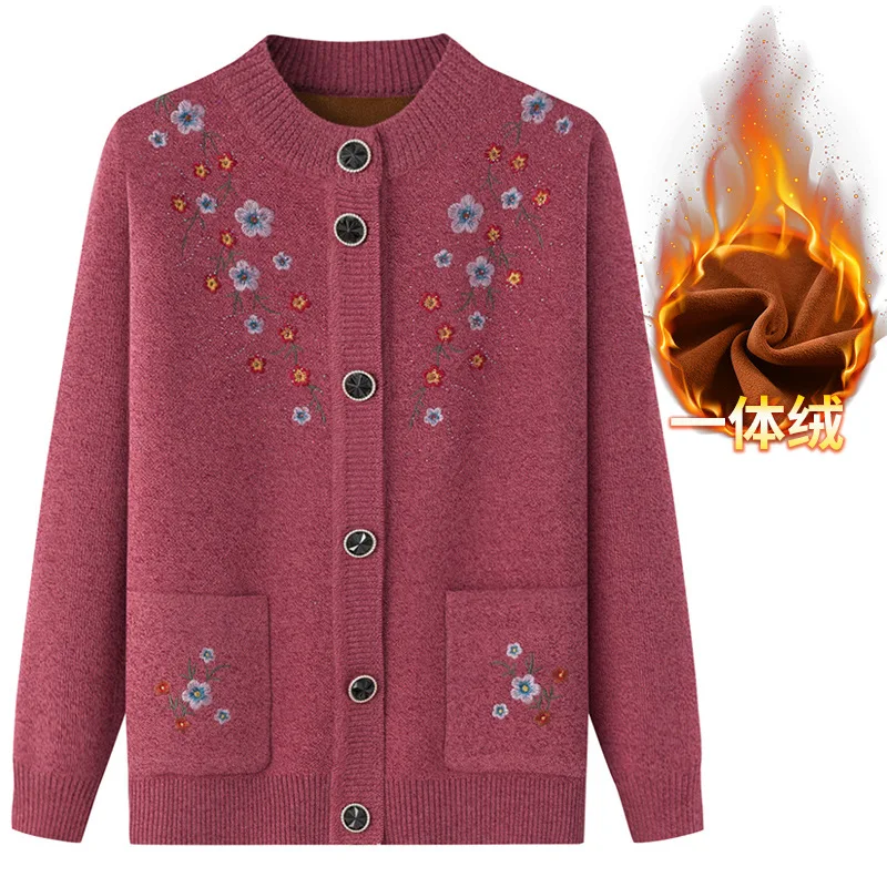 Suéteres de punto bordados para madre mayor, cárdigan grueso de terciopelo, XL-4XL, primavera, otoño, invierno