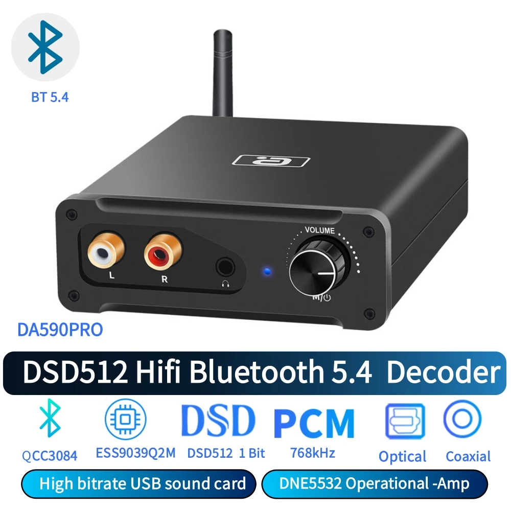 768K DSD512 HiFi USB Geluidskaart ESS9039Q2M QCC3084 Bluetooth 5.4 Audio-ontvanger Adapter aptX Lossless Optische Coaxiale RCA/3.5mm