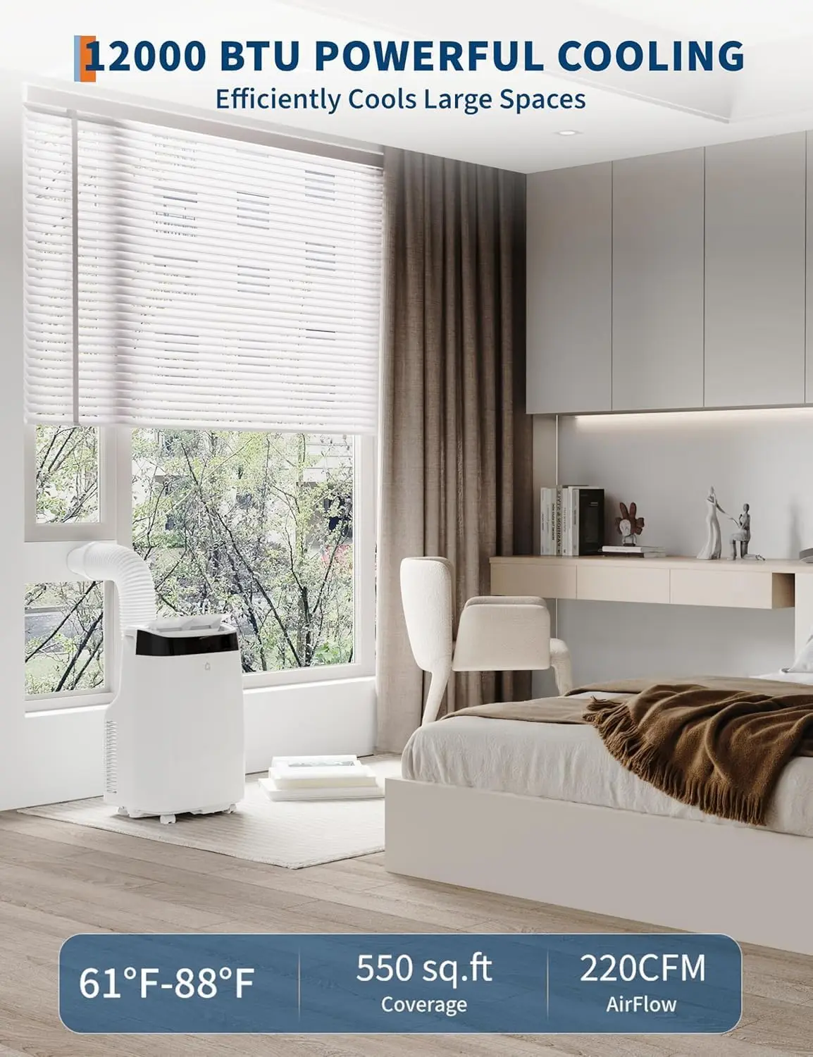 Kleine airconditioner van 12.000 BTU met ingebouwde luchtontvochtiger - Draagbare AC-unit voor kamers tot 550 m2 - Afstandsbediening, Windo