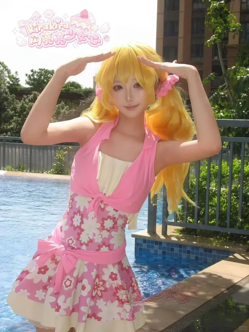 Aikatsu! Hoshimiya Ichigo Cosplay Swimsuit Cute Girl High Waist Slimming Cover up Ruffle Bandeau Flower Swimwear Bathing Suit