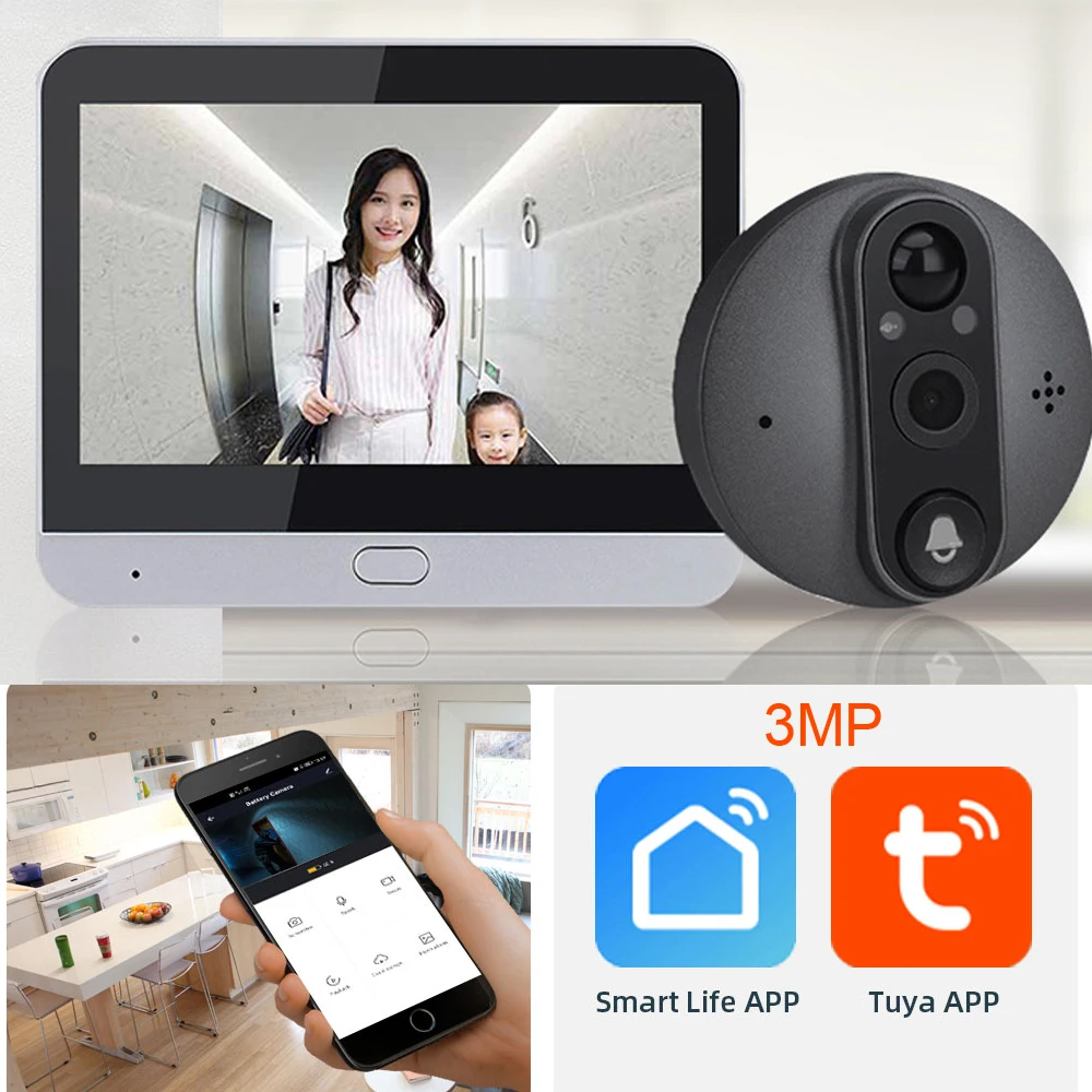 Tuya Smart Doorbell 3MP WiFi Video Peeping Camera 4.3-inch Eye Doorbell Smart Home HD Voice Intercom IPS Screen Night PIR Wirele