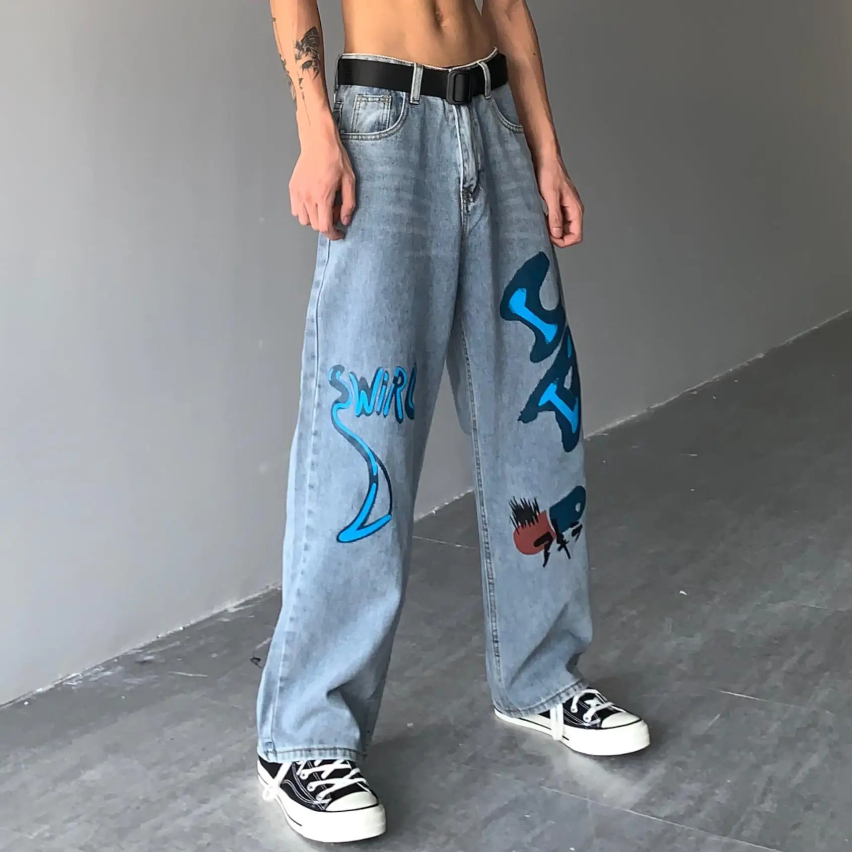 

Individuality Ripped Jeans Men Women 2022 Fashion Pants High Waist Woman Streetwear Graffiti Printing Trouser