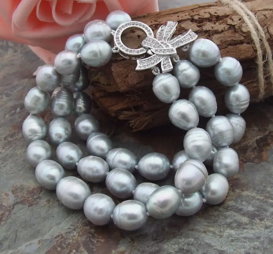 Stunning 7.5-8'' 10-13mm 3 Rows South Sea Grey Rice Pearl Bracelet 925s