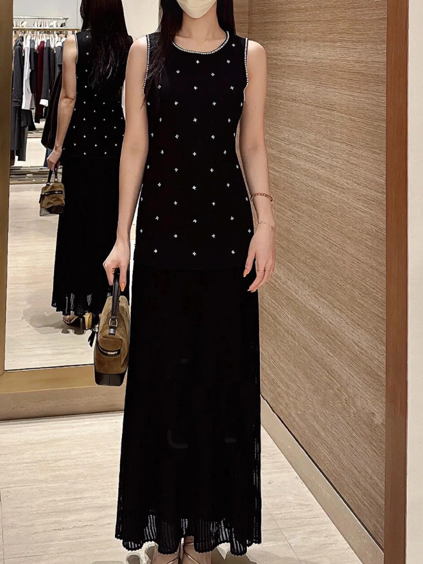 

Elegant 2026 Summer New Style High-end Ladylike round Neck Sleeveless Vest Long Splice Dress Knitted Soft Elastic Straight Cu...