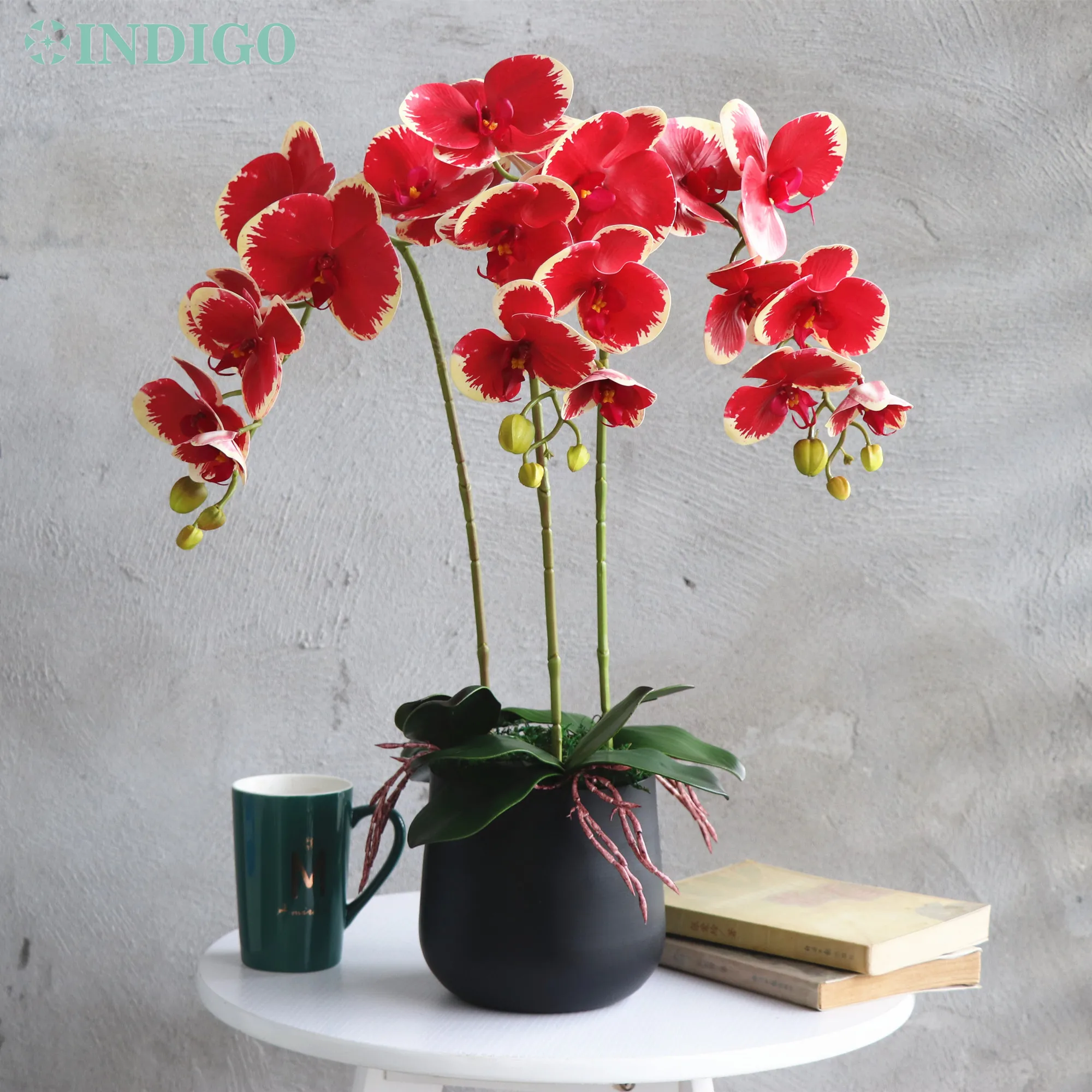 

INDIGO-Red Orchid Flower Arrangment, Real Touch, Office Decoration, Event Centerpiece, DIY, 3 Leaves, Moss, Metal Vase