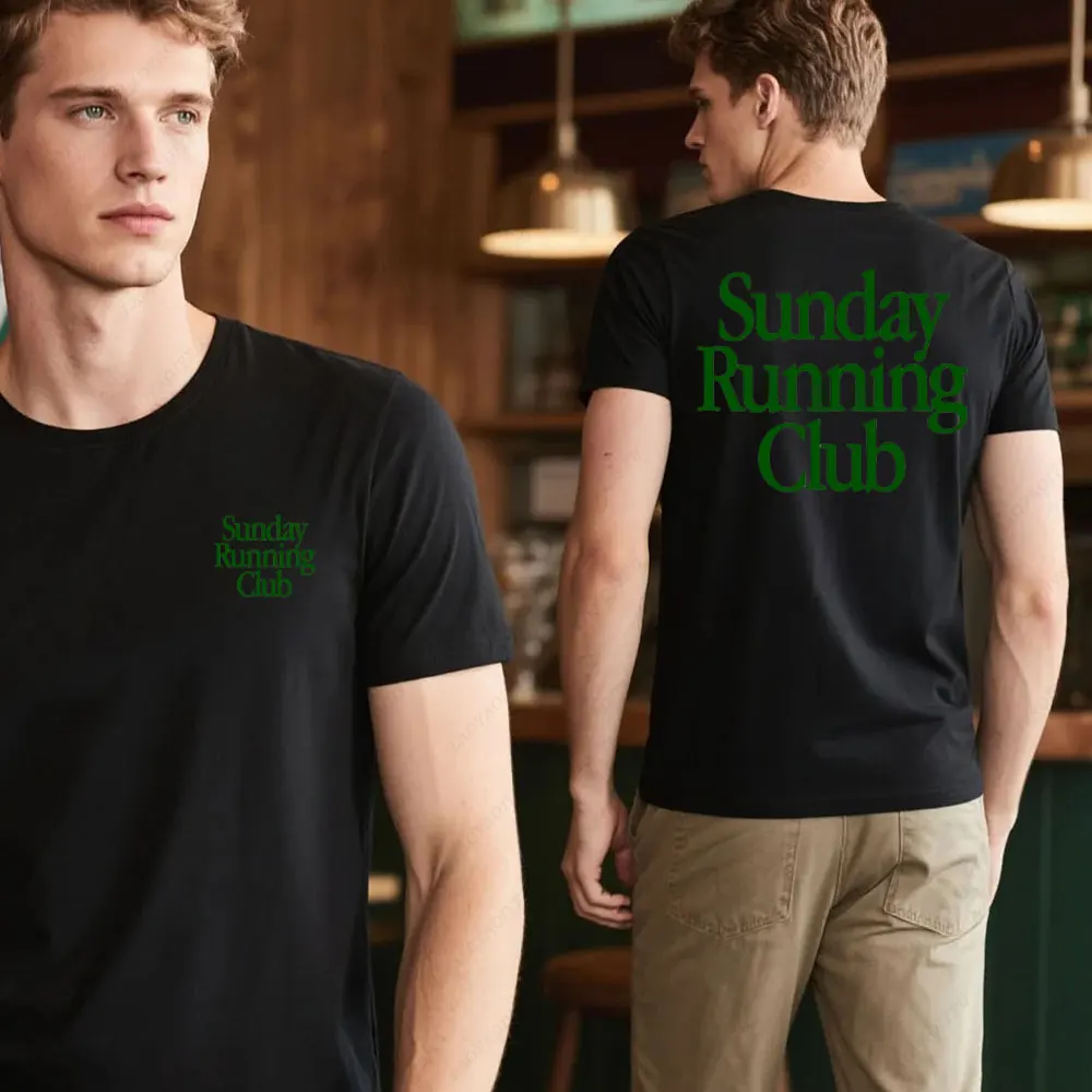 Sunday Running Club Print T-Shirt Sporty Casual Top for Jogging Daily Men Women Crewneck Cotton Tee Tops Double Sided Printing