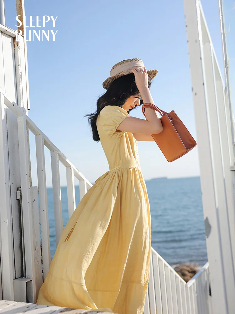

French Puff Sleeve Midi Dress Women Summer Peter Pan Collar Flowy Long Dress High Waist Retro Style Dress Daily Vacation Wear