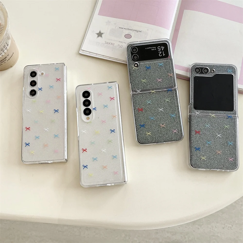 الملونة Bowknot بلينغ مسحوق قضية الهاتف لسامسونج غالاكسي Z أضعاف 7 6 5 4 3 Z الوجه 7 6 5 4 3 الايبوكسي 2 في 1 كومبو الغلاف الصلب