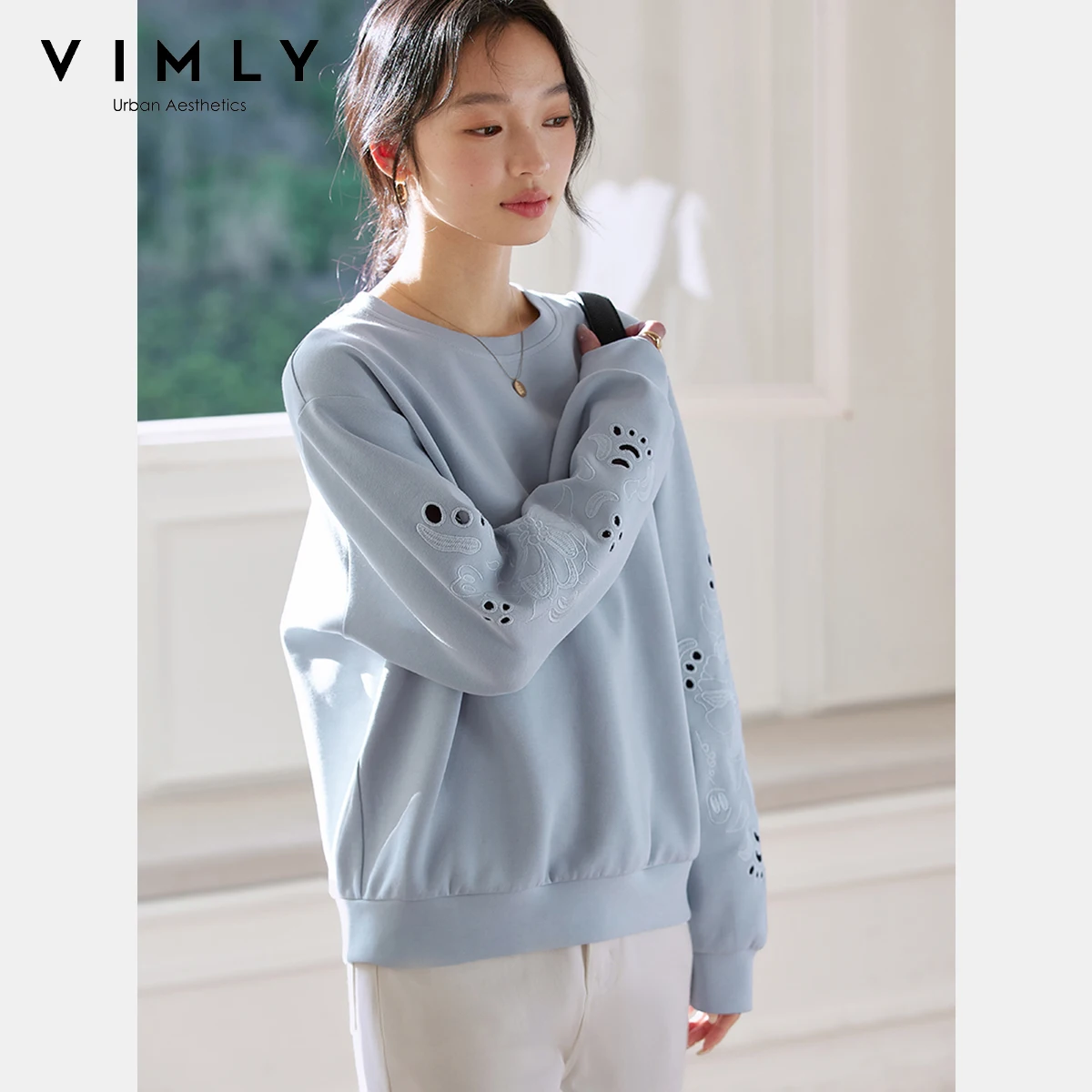 VIMLY Crew Neck Sweatshirt Women Spring 2025 Embroidered Hollow Out Loose Long Sleeve Top Female Pullover Woman Clothes A0685