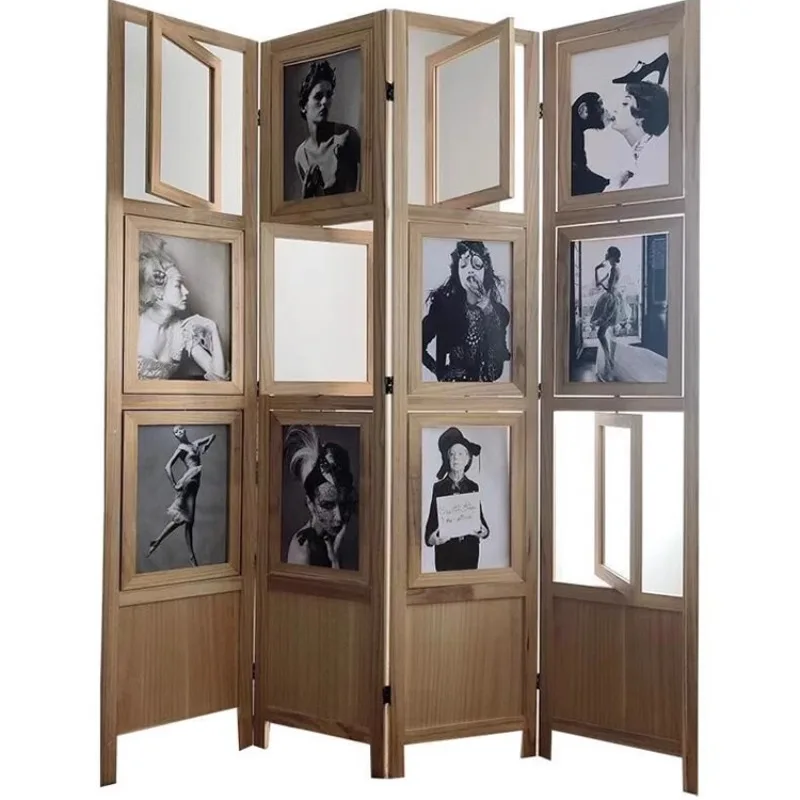 Chinese retro solid wood photo frame screen wooden partition folding window photography background wall fashion entrance decorat