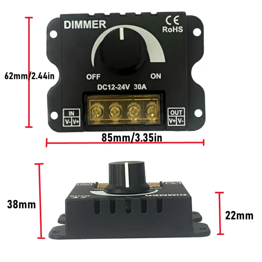 30A 12-24V  LED Dimmer Controller Low Voltage with 3 Key RF Wireless Remote Control for LED Single Color Lighting String Strip