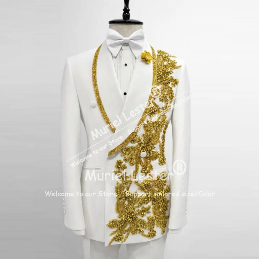 

Роскошные мужские костюмы: пиджак и брюки с золотой вышивкой, комплект из 2 предметов, индивидуальный пошив, официальная одежда для жениха, свадебные смокинги, Ropa Hombre