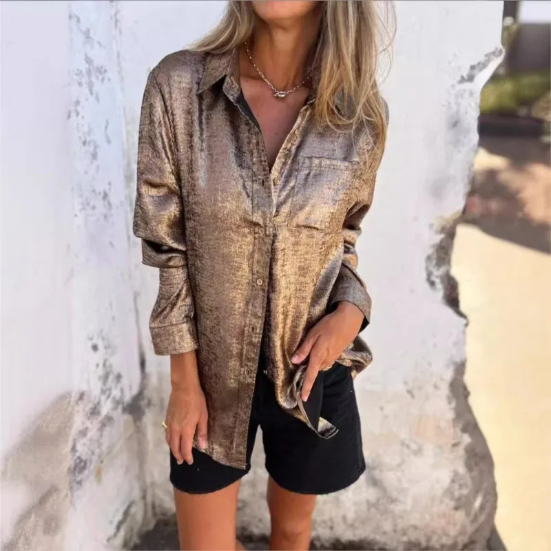 Women Shinny Golden Solid Shirt Fashion Blouse Vintage Loose Long Sleeved Shirt 2024 Spring Summer Casual Tops Blouse Streetwear