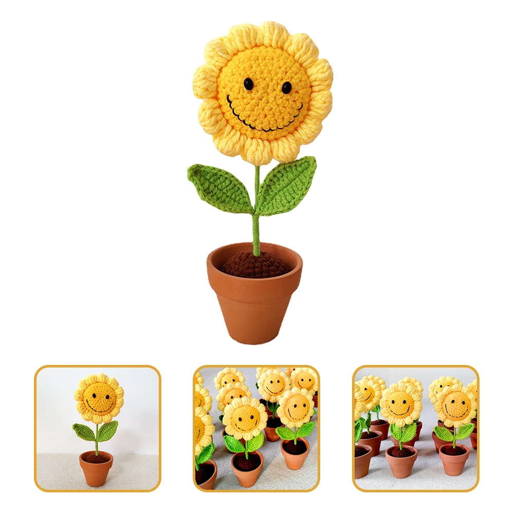 

Crochet Sunflower Pot Handwoven Desktop Decoration Durable Crochet Flower Ornament Creative Knitting Flower Decoration Table